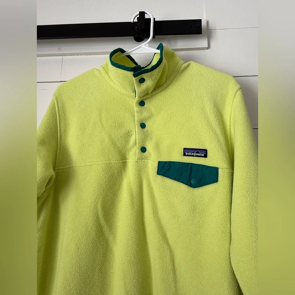 Patagonia Neon Yellow Fleece Pullover with Teal Accents